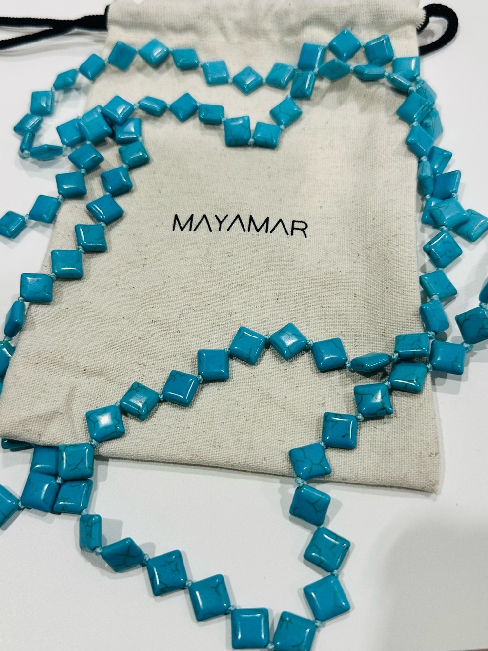 Real Turquoise Square Bead Double Strand Necklace - Picture 2 of 4